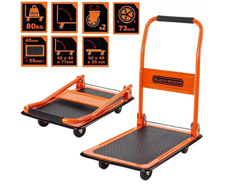BLACK+DECKER ročni transportni voziček, zložljiv, kovinski, nosilnost do 80kg, lahka teža 5.44kg, za vse transportne potrebe, črn, oranžen