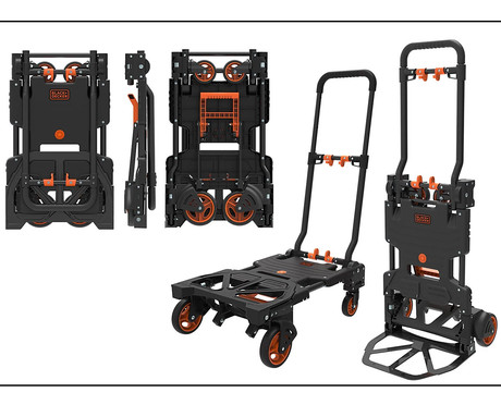 BLACK+DECKER 2V1 ročni transportni voziček, zložljiv, kovinski, nosilnost do 120kg, lahka teža 7.3kg, za vse transportne potrebe, črn, oranžen