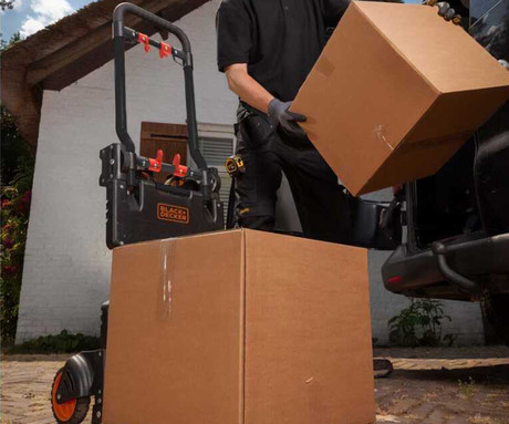 BLACK+DECKER 2V1 ročni transportni voziček, zložljiv, kovinski, nosilnost do 120kg, lahka teža 7.3kg, za vse transportne potrebe, črn, oranžen