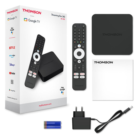 THOMSON STREAMING BOX PLUS 270 multimedijski predvajalnik / center, 4K UHD, Google TV, WiFi, Bluetooth, Dolby Vision&Atmos, Google Assistant, Chromecast, mikrofon, pametni daljinec, črn(Premium Black)