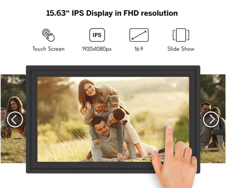 THOMSON F15 pametni digitalni foto okvir, 39.6cm (15.6"), Full HD IPS zaslon na dotik, Smart Frame aplikacija, WiFi, Android + iOS, 32GB ROM, razširljiv spomin, zvočniki, USB-A, USB-C, črn