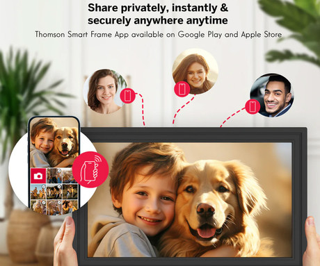 THOMSON F15 pametni digitalni foto okvir, 39.6cm (15.6"), Full HD IPS zaslon na dotik, Smart Frame aplikacija, WiFi, Android + iOS, 32GB ROM, razširljiv spomin, zvočniki, USB-A, USB-C, črn