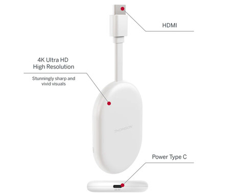 THOMSON 152 GO CAST multimedijski predvajalnik / center, 4K UHD, Google TV, 2GB + 32GB, WiFi, Bluetooth, HDR10, Dolby Atmos & Digital+, Google Assistant, Chromecast, pametni daljinec, bel (Pure White)