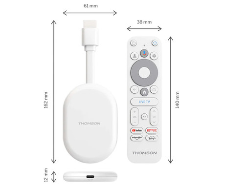 THOMSON 152 GO CAST multimedijski predvajalnik / center, 4K UHD, Google TV, 2GB + 32GB, WiFi, Bluetooth, HDR10, Dolby Atmos & Digital+, Google Assistant, Chromecast, pametni daljinec, bel (Pure White)