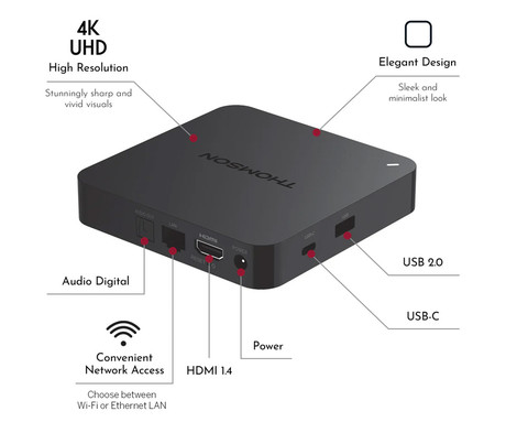 THOMSON STREAMING BOX 245 multimedijski predvajalnik / center, 4K UHD, 2GB+32GB, Google TV, WIFI, Bluetooth, Dolby Atmos & Digital+, Google Assistant, Chromecast, pametni daljinec, črn (Premium Black)