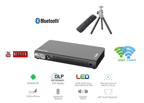 EOL - BYINTEK P12 prenosni mini 3D LED DLP projektor, Android sistem, Wifi, vgrajena baterija 4.000mAh, vgrajen zvočnik, HD 1080P Max. 4K, HDMI-IN