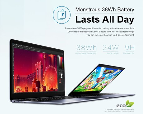 Prenosni računalnik CHUWI HeroBook, 14.1'' IPS, Full HD 1920x1080, Intel Atom X5, 4GB+64GB, Windows 10, Ultra zmogljiva baterija