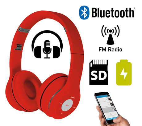 PLATINET/Freestyle FH0915R naglavne Bluetooth slušalke + mikrofon, microSD, FM radio, AUX-in, zložljive, rdeče