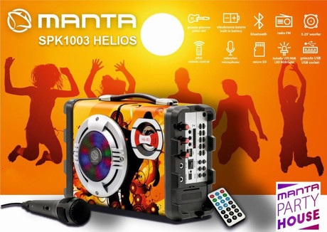 EOL - MANTA SPK1003 HELIOS KARAOKE Bluetooth prenosni zvočnik + woofer + LED RGB lučke, BT/USB/MicroSD/Radio FM/2xMIC+ mikrofon + ročaj za nošenje