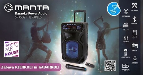 EOL - MANTA SPK5021 HERAKLES, Bluetooth karaoke zvočni sistem, prenosni, vgrajena baterija, 4.000W P.M.P.O, 12'' Woofer