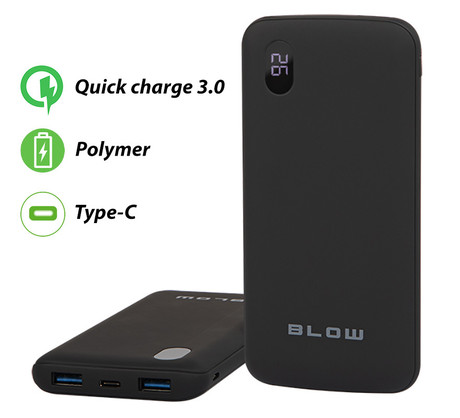 Power bank BLOW PB16A, 16.000mAh, Polymer baterija, Quick Charge 3.0, Type-C, LED zaslon, črna