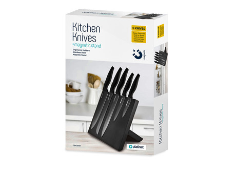 Set vrhunskih kuhinjskih nožev PLATINET PBKSB5W, 5kos, ergonomski ročaj, magnetno stojalo, črne barve