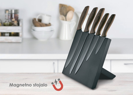Set vrhunskih kuhinjskih nožev PLATINET PBKSBB5W, 5kos, ergonomski ročaj v imitaciji lesa, magnetno stojalo, črno-rjave barve