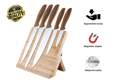 Set vrhunskih kuhinjskih nožev PLATINET PKSB5W, 5kos, leseni ročaj + bambus leseno magnetno stojalo