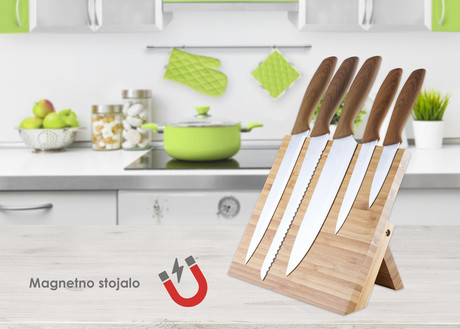 Set vrhunskih kuhinjskih nožev PLATINET PKSB5W, 5kos, leseni ročaj + bambus leseno magnetno stojalo