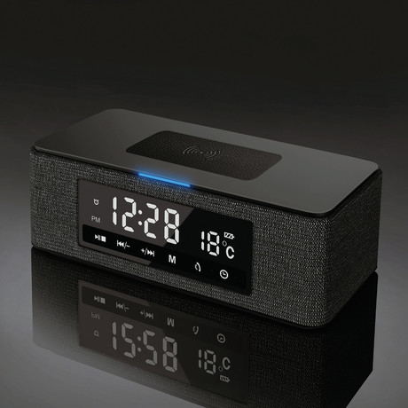 EOL - Platinet PMGQ15 DAILY avdio naprava 7v1- Bluetooth zvočnik, Radio FM, QI brezžični polnilec, Ura + alarm, prostoročno telefoniranje, USB/MicroSD, termometer, vgrajena baterija, črn