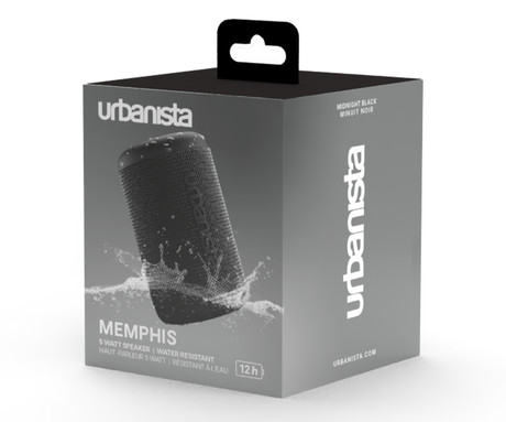 URBANISTA MEMPHIS prenosni zvočnik, 5W, Bluetooth® 5.2, TWS, do 12 ur predvajanja, upravljanje z gumbi, IPX5 vodoodpornost, USB Type-C, črn (Midnight Black)