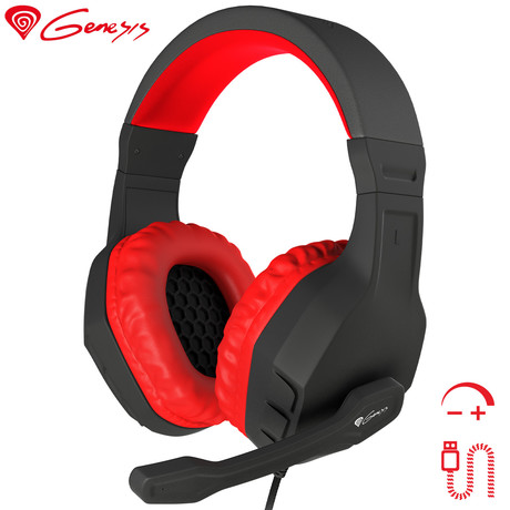 GENESIS Argon 200 Gaming naglavne slušalke z mikrofonom, STEREO 2.0, LED osvetlitev, pleten kabel, črno/rdeče