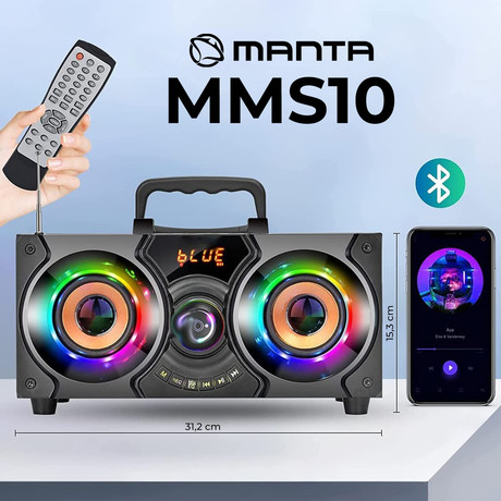 EOL - MANTA MMS10 prenosni KARAOKE zvočni sistem, Bluetooth 5.0, 40W RMS, STEREO 2.2, TWS, polnilna baterija, RGB LED osvetlitev, FM Radio, USB / microSD / AUX / MIC-in, črn