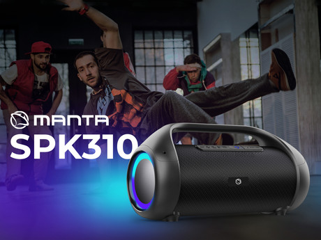 MANTA Boombox SPK310, Bluetooth 5.0, 90W RMS, TWS, polnilna baterija, RGB LED osvetlitev, IPX5 vodoodpornost, USB / AUX / MIC-in, Google Assistant & Siri, funkcija Power Bank, črn