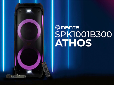MANTA SPK1001B300 ATHOS prenosni KARAOKE zvočnik, Bluetooth 5.0, TWS, Equalizer, polnilna baterija, X-Bass, FM Radio, USB / microSD / AUX / MIC-in, črn