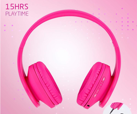 PowerLocus P2 KIDS brezžične naglavne slušalke, otroške, Bluetooth, polnilna baterija, do 15 ur, LED osvetlitev, zložljive, USB Type-C, AUX, +torbica, roza