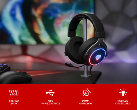 GENESIS NEON 764 naglavne slušalke, gaming / pisarniške, 7.1 STEREO VIRTUAL zvok, mikrofon, RGB LED osvetlitev, nadzor glasnosti, gumbi za upravljanje, programska oprema, črne (Onyx Black)
