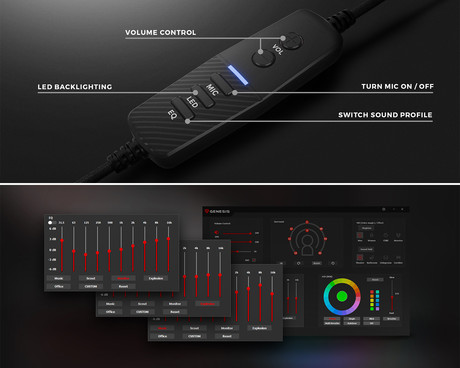 GENESIS NEON 764 naglavne slušalke, gaming / pisarniške, 7.1 STEREO VIRTUAL zvok, mikrofon, RGB LED osvetlitev, nadzor glasnosti, gumbi za upravljanje, programska oprema, črne (Onyx Black)