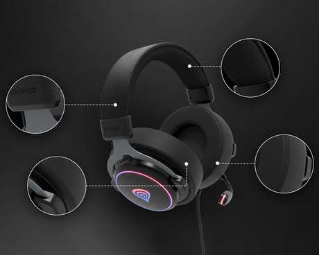 GENESIS NEON 764 naglavne slušalke, gaming / pisarniške, 7.1 STEREO VIRTUAL zvok, mikrofon, RGB LED osvetlitev, nadzor glasnosti, gumbi za upravljanje, programska oprema, črne (Onyx Black)