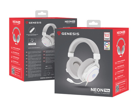 GENESIS NEON 764 naglavne slušalke, gaming / pisarniške, 7.1 STEREO VIRTUAL zvok, mikrofon, RGB LED osvetlitev, nadzor glasnosti, gumbi za upravljanje, programska oprema, bele (Howlite White)