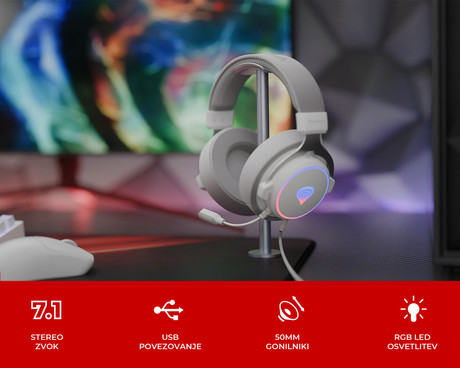 GENESIS NEON 764 naglavne slušalke, gaming / pisarniške, 7.1 STEREO VIRTUAL zvok, mikrofon, RGB LED osvetlitev, nadzor glasnosti, gumbi za upravljanje, programska oprema, bele (Howlite White)