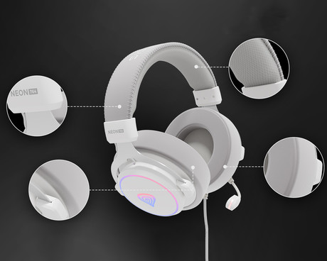 GENESIS NEON 764 naglavne slušalke, gaming / pisarniške, 7.1 STEREO VIRTUAL zvok, mikrofon, RGB LED osvetlitev, nadzor glasnosti, gumbi za upravljanje, programska oprema, bele (Howlite White)