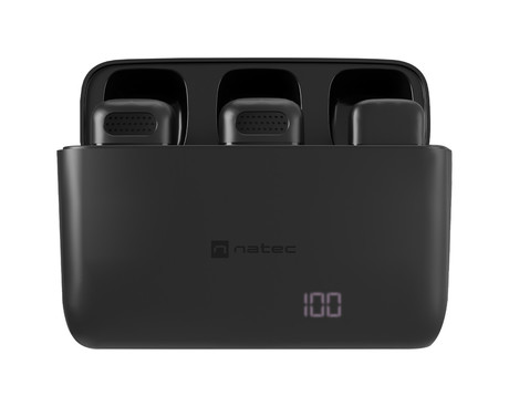 Natec HOPPER 2x brezžični mikrofon, mini, lavalier, polnilna baterija, 2.4GHz sprejemnik, doseg do 30m, tehnologija ENC, CLIP-ON montaža, +polnilna postaja, USB Type-C, črn