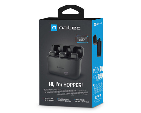 Natec HOPPER 2x brezžični mikrofon, mini, lavalier, polnilna baterija, 2.4GHz sprejemnik, doseg do 30m, tehnologija ENC, CLIP-ON montaža, +polnilna postaja, USB Type-C, črn