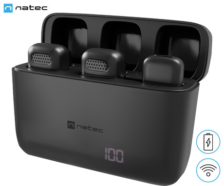 Natec HOPPER 2x brezžični mikrofon, mini, lavalier, polnilna baterija, 2.4GHz sprejemnik, doseg do 30m, tehnologija ENC, CLIP-ON montaža, +polnilna postaja, USB Type-C, črn