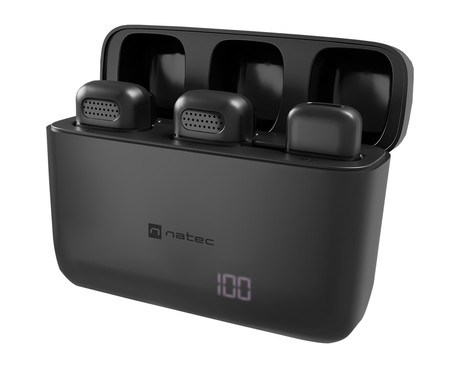 Natec HOPPER 2x brezžični mikrofon, mini, lavalier, polnilna baterija, 2.4GHz sprejemnik, doseg do 30m, tehnologija ENC, CLIP-ON montaža, +polnilna postaja, USB Type-C, črn