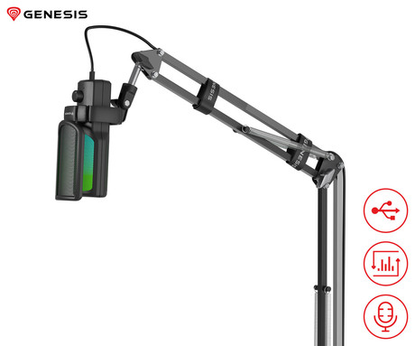 GENESIS RADIUM 251 profesionalni mikrofon, namizni / studijski, 192kHz, POP filter, gumb MUTE / GAIN, jack 3.5mm, USB Type-C, PC, RGB LED osvetlitev, črn