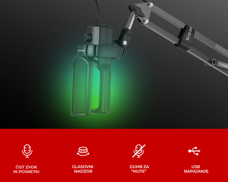 GENESIS RADIUM 251 profesionalni mikrofon, namizni / studijski, 192kHz, POP filter, gumb MUTE / GAIN, jack 3.5mm, USB Type-C, PC, RGB LED osvetlitev, črn