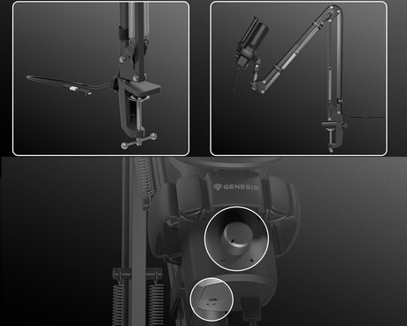GENESIS RADIUM 251 profesionalni mikrofon, namizni / studijski, 192kHz, POP filter, gumb MUTE / GAIN, jack 3.5mm, USB Type-C, PC, RGB LED osvetlitev, črn