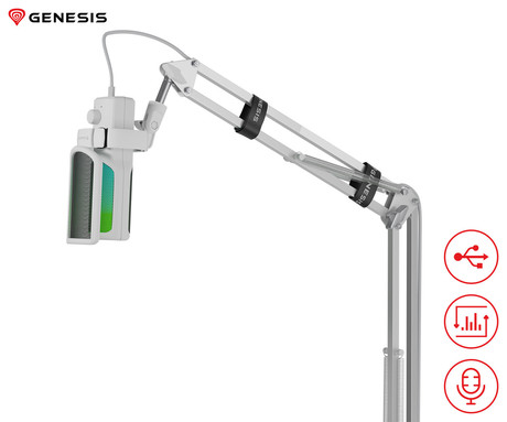 GENESIS RADIUM 251 profesionalni mikrofon, namizni / studijski, 192kHz, POP filter, gumb MUTE / GAIN, jack 3.5mm, USB Type-C, PC, RGB LED osvetlitev, bel