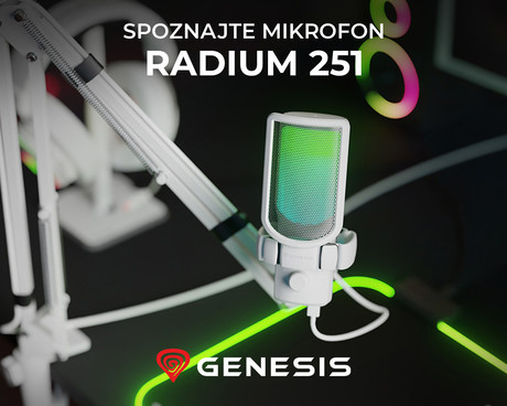 GENESIS RADIUM 251 profesionalni mikrofon, namizni / studijski, 192kHz, POP filter, gumb MUTE / GAIN, jack 3.5mm, USB Type-C, PC, RGB LED osvetlitev, bel