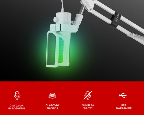 GENESIS RADIUM 251 profesionalni mikrofon, namizni / studijski, 192kHz, POP filter, gumb MUTE / GAIN, jack 3.5mm, USB Type-C, PC, RGB LED osvetlitev, bel