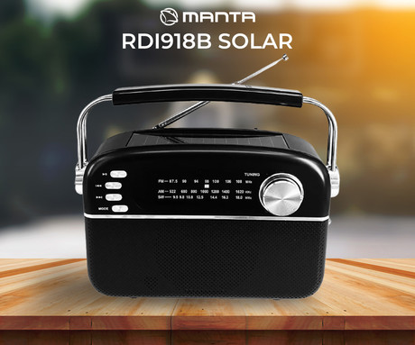 MANTA RDI918B SOLAR radijski sprejemnik, FM/AW/SW, Bluetooth 5.0, USB/AUX-in/microSD, vgrajena baterija + SOLARNO napajanje, Retro, črn