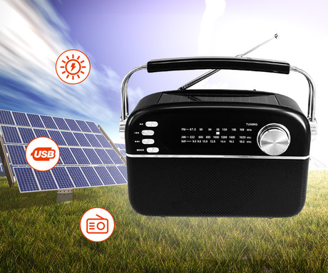 MANTA RDI918B SOLAR radijski sprejemnik, FM/AW/SW, Bluetooth 5.0, USB/AUX-in/microSD, vgrajena baterija + SOLARNO napajanje, Retro, črn