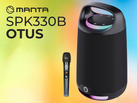 MANTA SPK330B OTUS prenosni KARAOKE zvočnik, Bluetooth 5.3, 120W, TWS, polnilna baterija, RGB LED osvetlitev, USB / AUX / MIC, Google Assistant / Siri, +mikrofon, črn (Phantom Black)