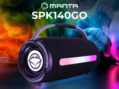 MANTA SPK140GO prenosni zvočnik, Bluetooth 5.3, FM Radio, 20W, TWS, polnilna baterija, RGB LED osvetlitev, USB / AUX / microSD, ročaj, črn (Eclipse Black)