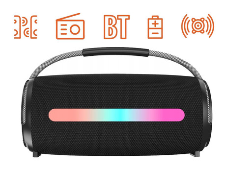 MANTA SPK140GO prenosni zvočnik, Bluetooth 5.3, FM Radio, 20W, TWS, polnilna baterija, RGB LED osvetlitev, USB / AUX / microSD, ročaj, črn (Eclipse Black)