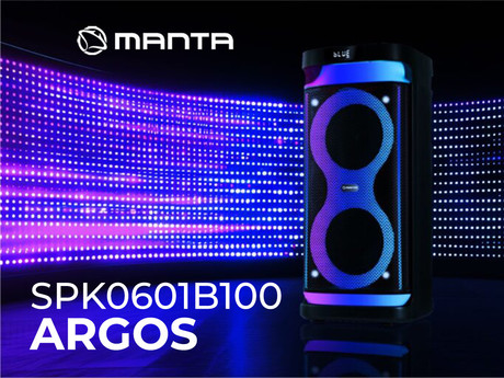 MANTA SPK0601B100 ARGOS prenosni KARAOKE zvočnik, Bluetooth, 100W, TWS, Equalizer, polnilna baterija, RGB LED osvetlitev, USB / microSD / AUX / MIC-in, +mikrofon, +daljinec, črn