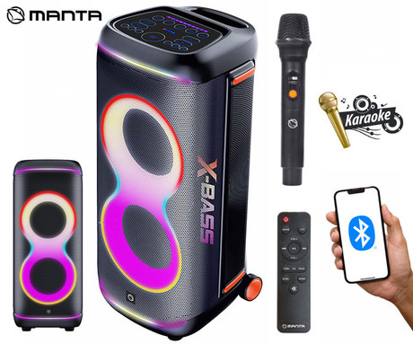 MANTA SPK806B300 ORION prenosni KARAOKE zvočnik, 300W RMS, BT 5.3, TWS, XBASS, Equalizer, polnilna baterija, DISCO RGB LED osvetlitev, USB / microSD / AUX / MIC-in, +mikrofon, +daljinec, črn