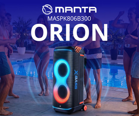 MANTA SPK806B300 ORION prenosni KARAOKE zvočnik, 300W RMS, BT 5.3, TWS, XBASS, Equalizer, polnilna baterija, DISCO RGB LED osvetlitev, USB / microSD / AUX / MIC-in, +mikrofon, +daljinec, črn